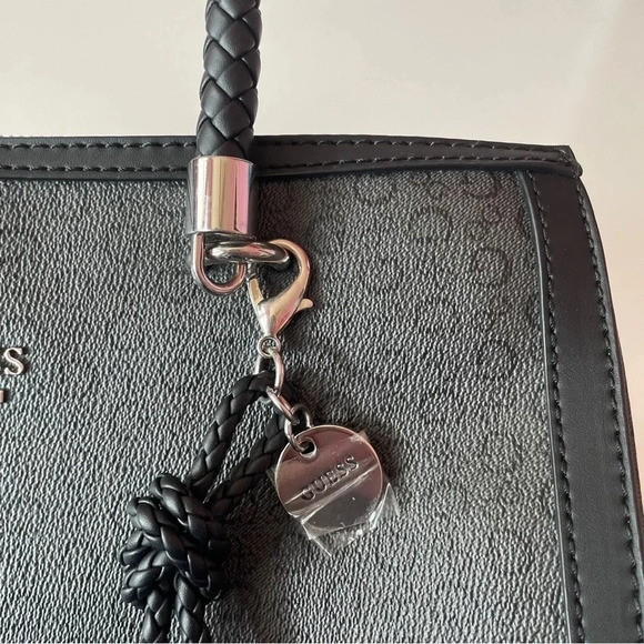 GUESS Monogram Logo Black Braided Handle Handbag Bag Satchel Purse - Picture 6 of 16
